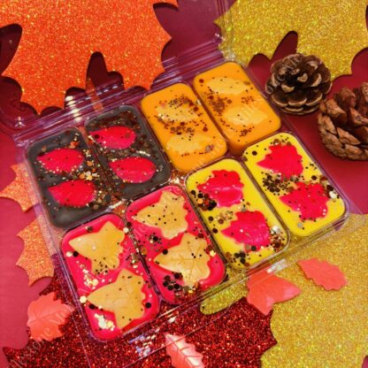 autumn collection of wax melts with leaves, perfect for autumn decor and strongly scented
